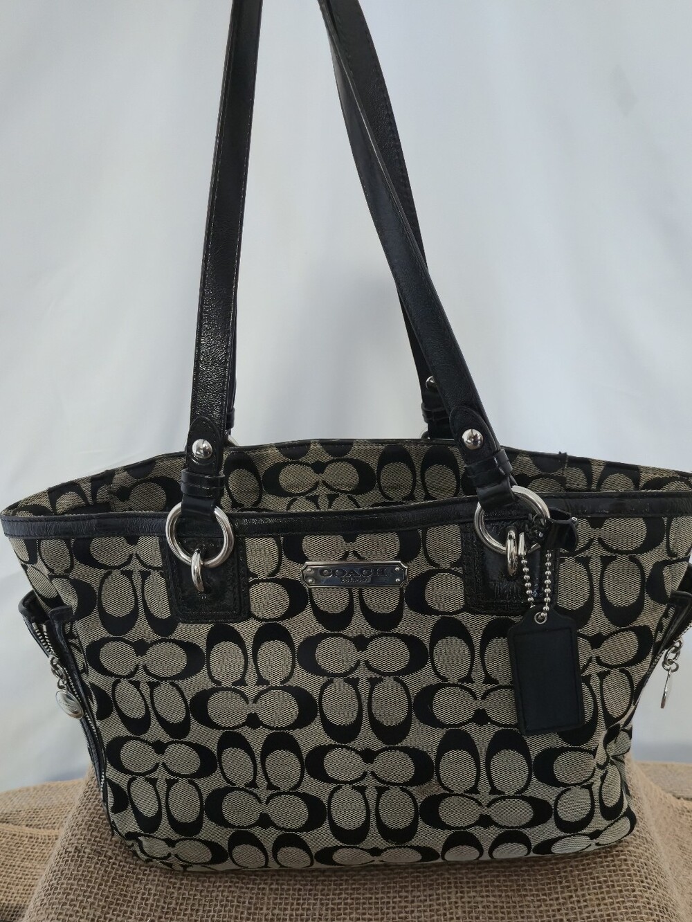 Coach Black and Beige Signature Jacquard Tote with Leather Trim